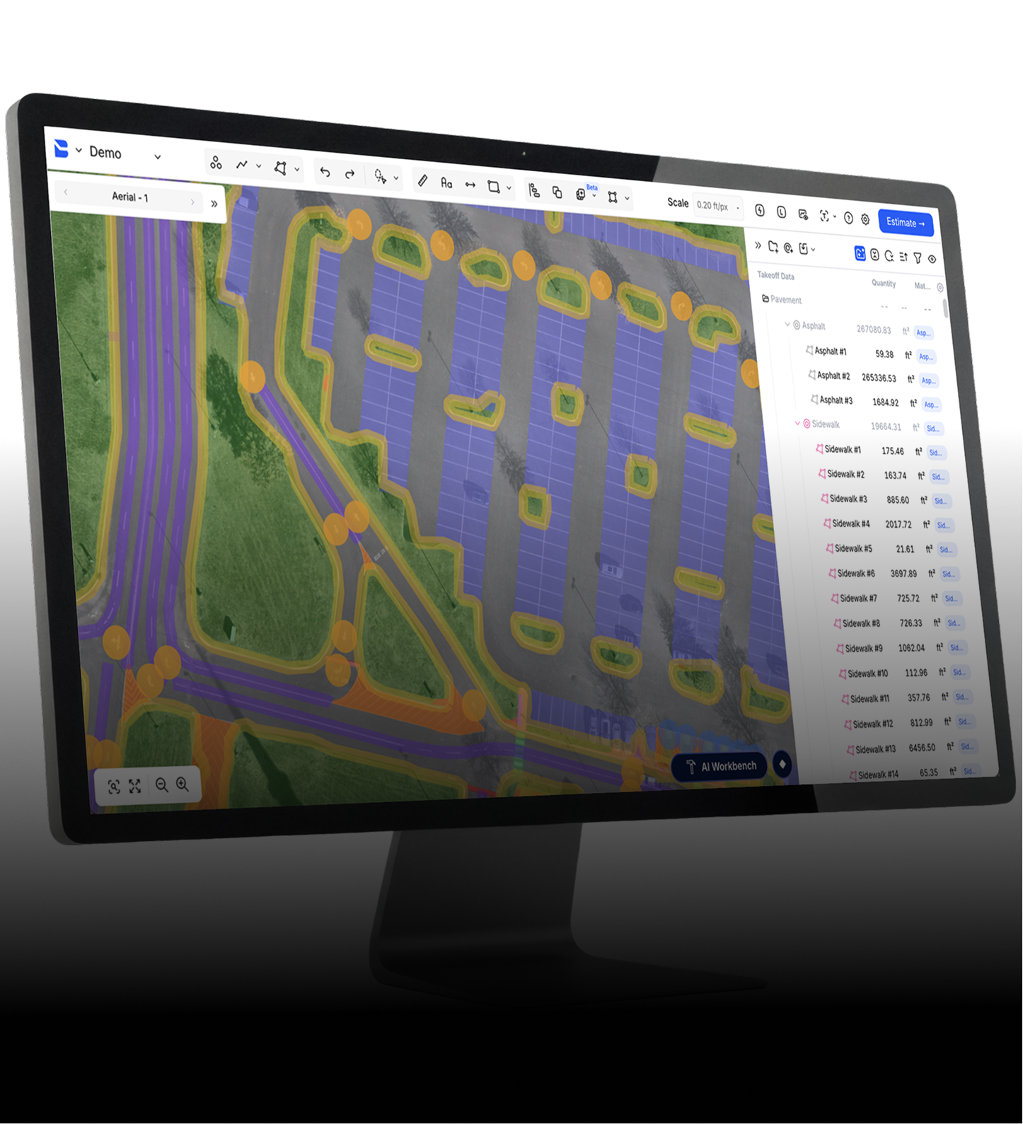 Bobyard AI paving takeoff showing automated parking lot striping and asphalt area detection